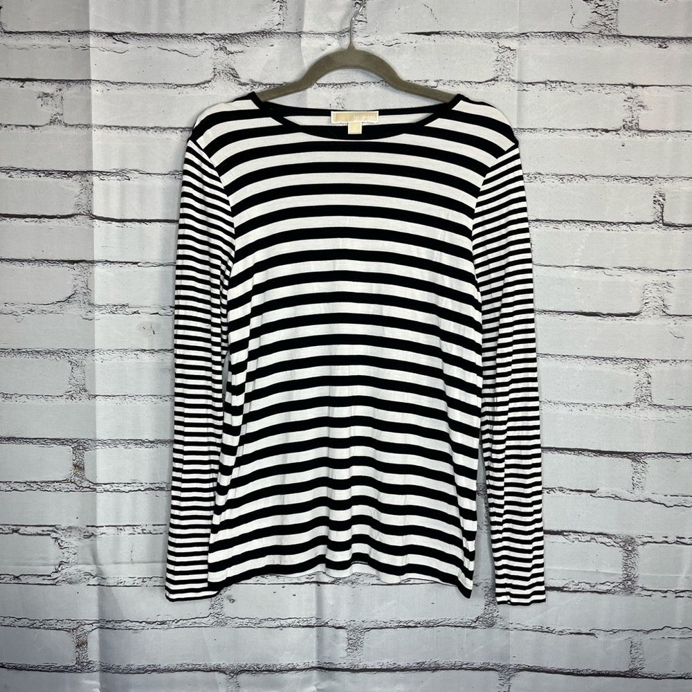 Michael Michael Kors Black & White Striped Long Sleeve Crew Top Women’s M Preppy